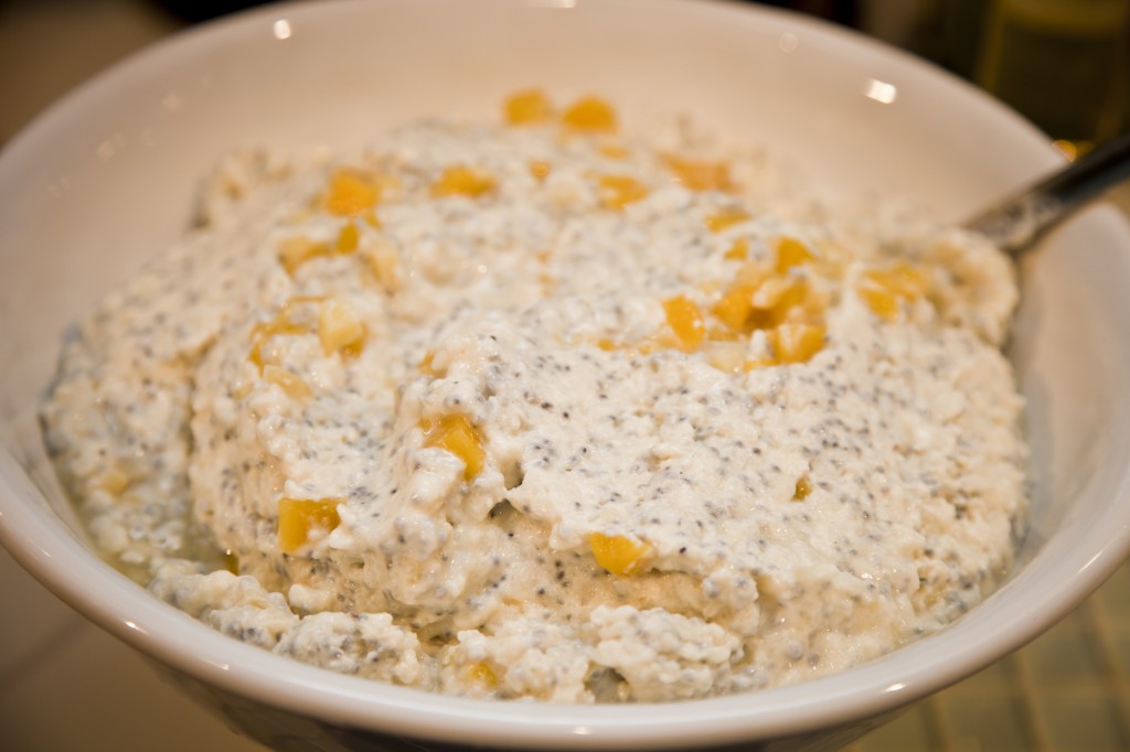 Rina Oh's Basil Seed and Poha Rice Pudding with Candied Ginger and Mango.