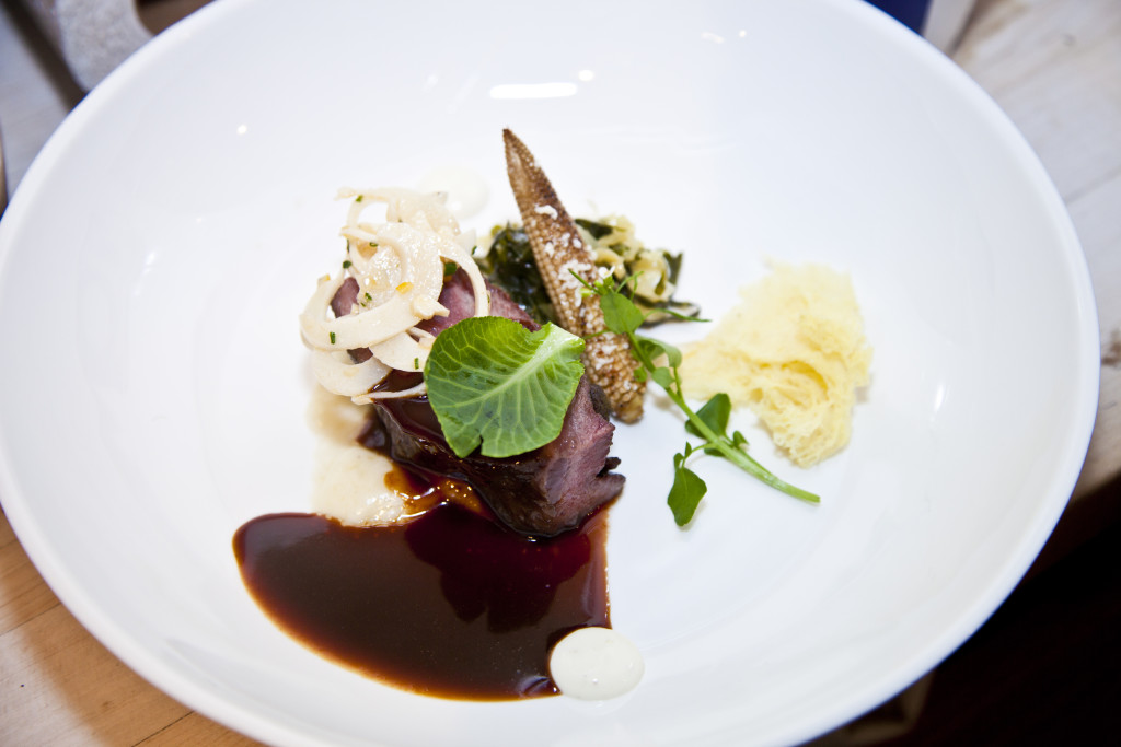 Jackman Wagyu Beef Cheeks with Barbecued Hearts of Palm, Charred Corn Cloud Esquites, Boniato, and Preserved Cabbage Leaves 