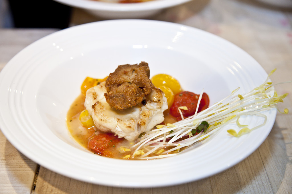 Pan-Seared Black Grouper with Rosy Tomorrows Heritage Farm Everglades Tomatoes, Crispy Oyster, and Conch–Orange Butter