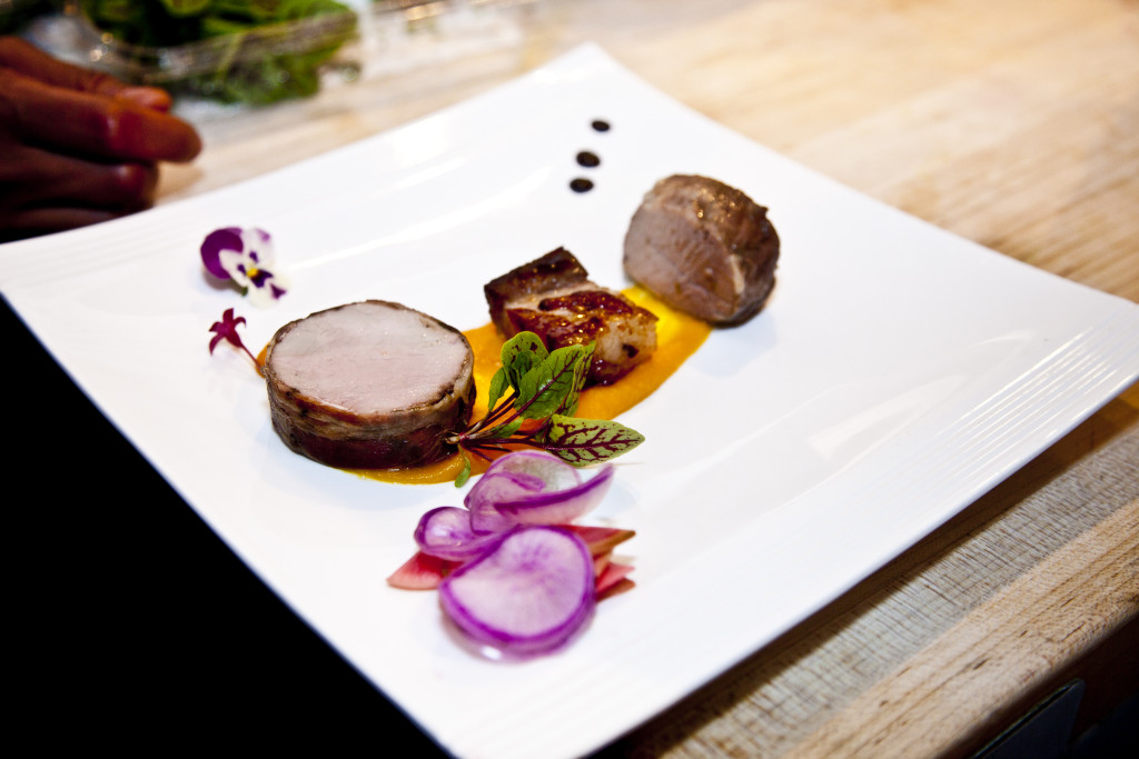 Rosy Tomorrows Heritage Farm Red Wattle Pig Trio > Miso Belly with Radish d’Avignon, Mint Marigold–Tenderloin Saltimbocca, and Confit Shoulder with Butternut Squash