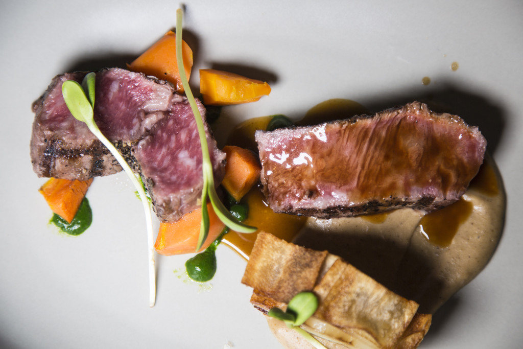 Joseph Decuis Wagyu Beef Rib-Eye with Sunchoke–Chestnut Purée, Potato Confit, Farm Carrots, Spinach Purée, and Demi-Glace