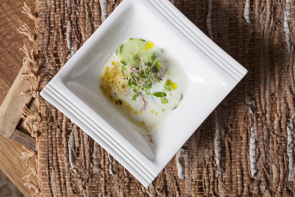 Chilled Lewes Dairy Buttermilk Soup with Smoked Virginia Oysters, Bay Water Greens Herbs, Cucumber, and Matt’s Curry Spice