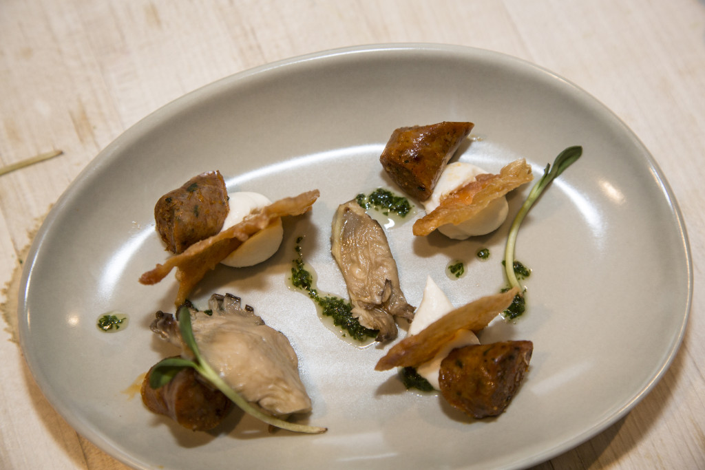 Chicken and Mushrooms > Chicken Sausage with Crispy Chicken Chips, Local Oyster Mushrooms, Housemade Ricotta, Salsa Verde, and Fennel Fronds